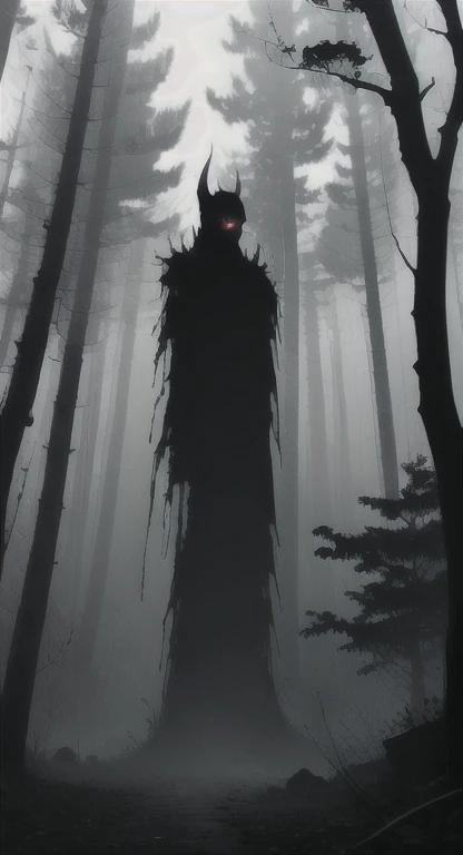 Foggy Forest, demonic silhouette, fairy shadow figure, red eyes, eyes in the fog, rotting, looking dead, torn wings, forest ruins,