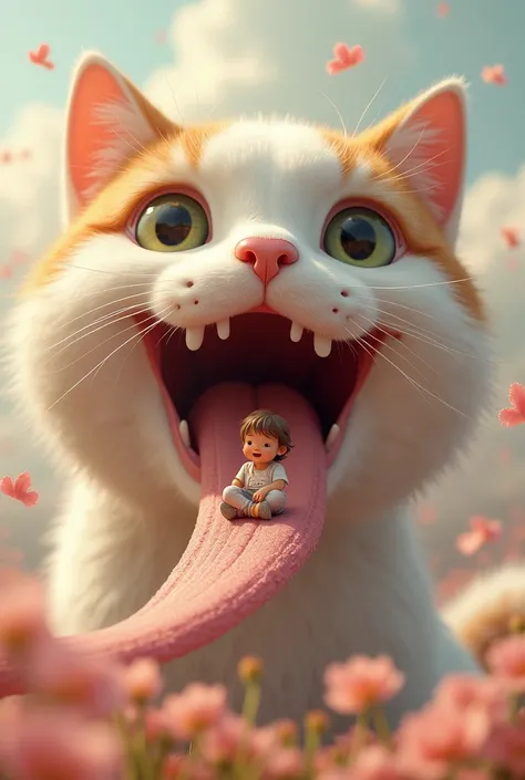 Kid riding on the top of a cats tongue 