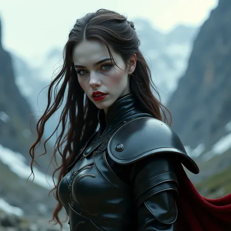 A medieval vampire girl of about eighteen. A pale, high-cheekboned face. Red lips. A fanged mouth. Long brown hair flutters in the wind. Leather armor with steel shoulder pads. It is located in a mountain valley.