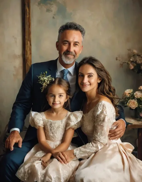 Family photo of a father, a mother and a daughter in portrait mode