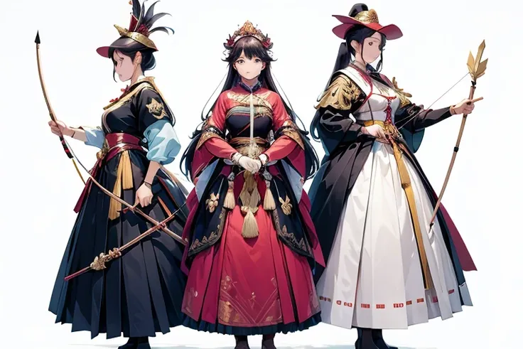 (Perfect Face,Illustration of three female arapheasants in different clothes)、(Girls waiting in line)、beautiful girl,   (Holding a bow in his left hand:1.2), longbows, (Holding an arrow:1.2), (kaburaya:1.2), kyudou-hikiwake, Outstretched arms, Black Igote,...