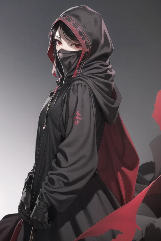 NNAssassinFSF, 1girl, solo, black hair, long cape sleeves, sleeves covered hands, long skirt, cape, black cloak, hood up, covered mouth, white gloves, mask, hooded cloak, ((masterpiece, best quality)),standing room, red eyes, happy look, 