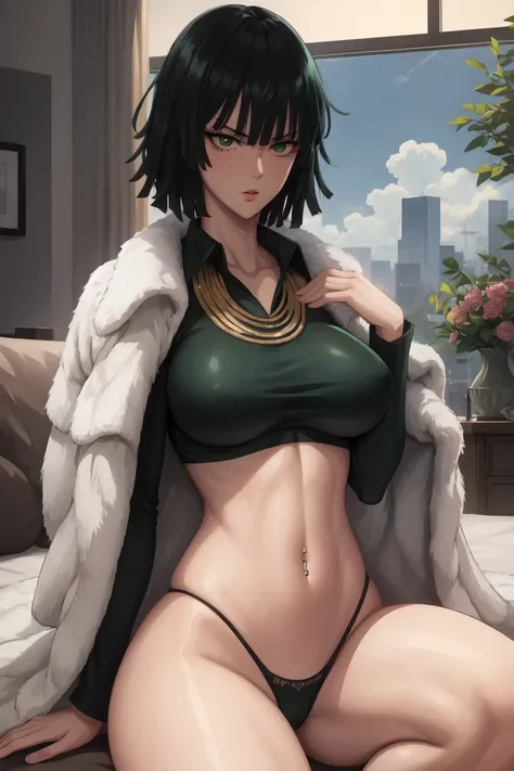 Fubuki from one punch man, is sitting by spreading legs, revealing her green panty, high quality, highly detailed, big breasts, wearing bra and panty, sexy thick body, hot body, 4k, High quality, highly detailed, body propotion, blush, plants and flowers i...