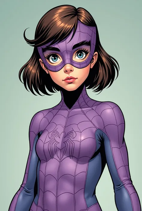 a girl with brown hair and blue eyes. her hair is a tomboy and she has big eyelashes. she has a lilac spiderman outfit, but only with a mask over her eyes, and she is over 1 and has a more serious and sober appearance. . MARVEL 1980 comics style 2D
