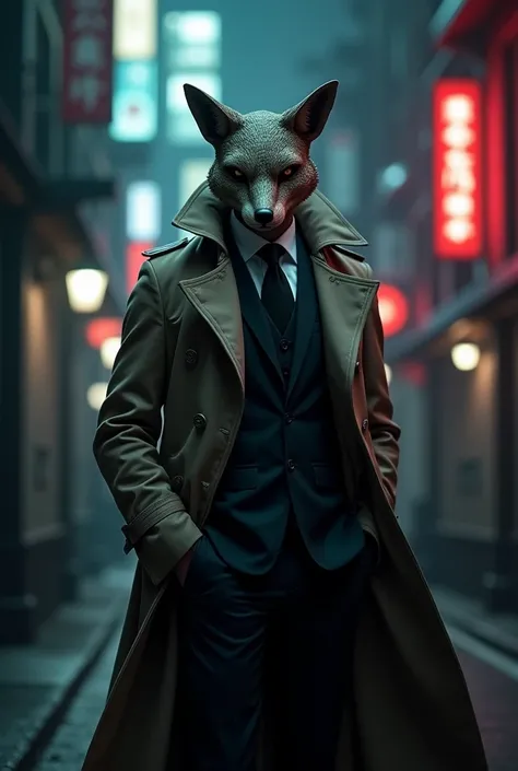 man in trench coat with suit with a  kitsune mask on