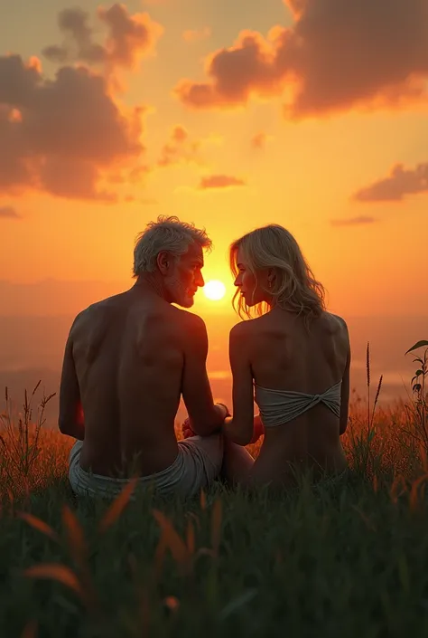 A naked woman and man sitting on the grass at sunset, Their gaze conveys an inner peace of realization as it is the extinction of life, and they are happy that their life was nice and they do many noble things in their 20s