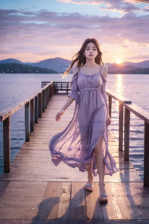 **a woman in a flowing purple dress** standing on a (wooden_pier:1.40) at sunset, with (calm_lake:1.35) reflecting the colors of...