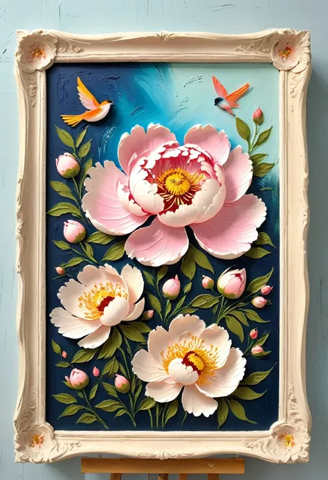 (A painting in a white plaster frame on an easel，Retro)：(((Soft tones，Chalk painting，Oil stick painting，flight，Thick coating，Uneven texture，Plaster texture，Graffiti)))。Korean style framed decorative painting，3D Decorating，French style peony flower