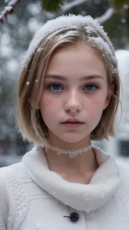 High resolution, AW images, Masterpiece, ((Ultra Detail)),(( Beautiful Art, 18 yo blonde teen girl . Full lips. Eyes wide, innocent expression  )).  ((Very short hair)),  well-trained body, sweaty skin, choker, sheer Baby Doll, (Gloomy winter snow:1.4)