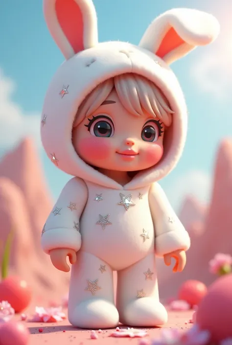 A character with a roblox body with a white outfit with stars and a bunny hood