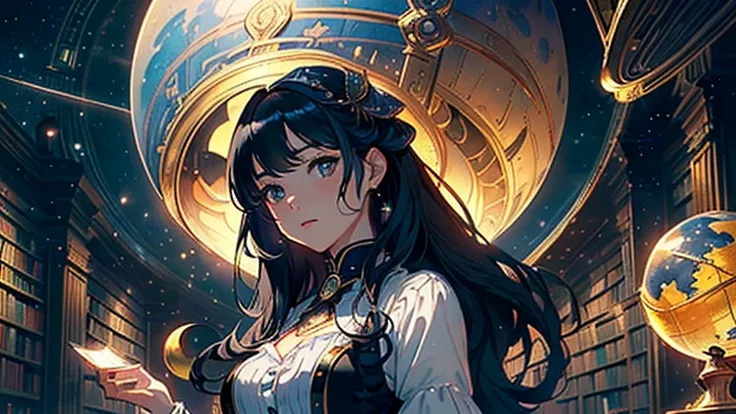 (Highest quality、High resolution、masterpiece)、(Anime Background Art 4k)、((One Woman、astrologer、Astronomer、Upper Body、Black Hair、Small breasts)), ((Inside the big library、Large celestial globe、astrologerの机))、Victorian style、steampunk、Cinema Lighting、Ray Tra...