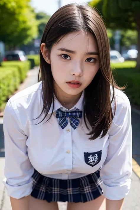 masterpiece, best quality, illustration, Super detailed, fine details, High resolution, 8k,wall paper, perfect dynamic composition,(Details High quality, realistic depiction of eyes:1.3), (school)、(white school shirt :1.2), (plaid skirt :1.3), large breast...