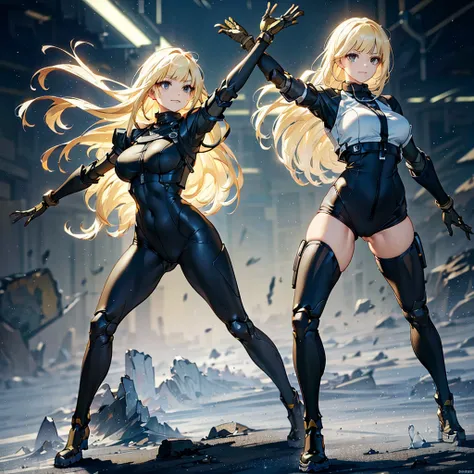 (Tabletop, Highest quality), (Perfect athletic body:1.2), (Fine hair), Very detailed, Anime Style, whole body, Cyberpunk Karate Girl, Wear a bodysuit, The arms are fitted with huge mechanical arm guards, Mechanical Limbs, Black-yellow hair, Wear tech boots...