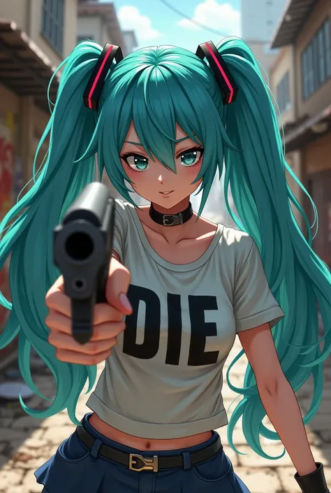 Hatsumi Miku wearing a fangirl outfit with the words Die in the favela with a gun.