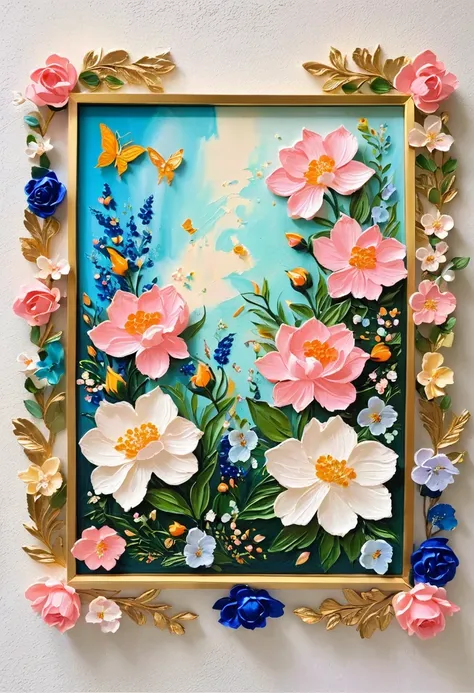 (A painting in a white plaster frame on an easel，Retro)：(((Soft tones，Chalk painting，Oil stick painting，flight，Thick coating，Uneven texture，Plaster texture，Graffiti)))。Korean style framed decorative painting，3D Decorating，French style lush flowers，Overflow...