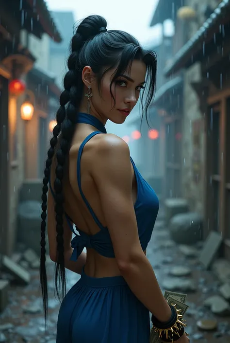 (back view, back view),Chun Li,(black hair two braided) , Brown eyes,  
chinese clothing, spiked bracelet, earrings ,( chinese blue dress :1.4) 
standing, Upper part of the body,  smile,  wad of bills, (pantimedias negra nylons ), 
Chinatown, evening , 
(i...