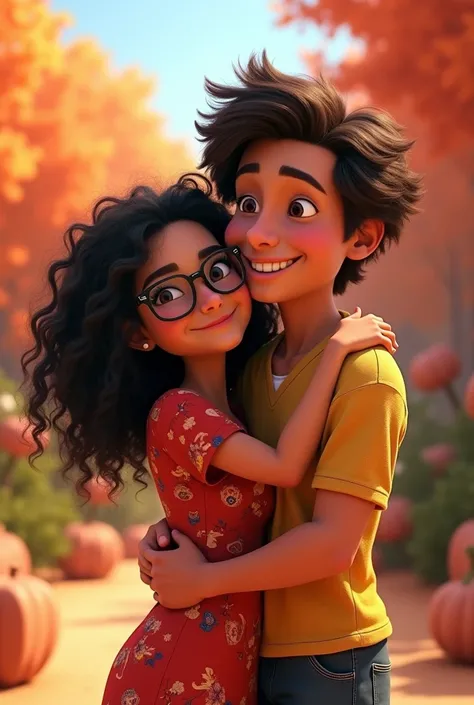 Make a Pixar cartoon style image where there is a Venezuelan woman with curly black hair down to her shoulders who wears glasses hugging a curly man with brown hair