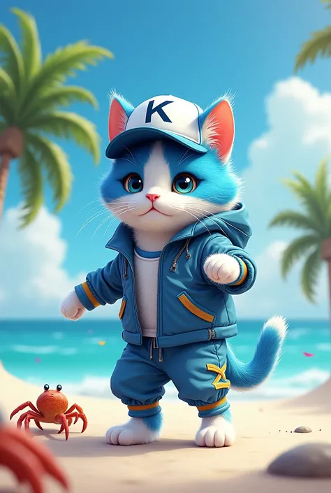 A cool and cute male cat is dressed as a kpop dancer and dancing in front。  The initial K on the hat. The cat&#39;s fur is blue and white.。
There is a hermit crab。
Small palm trees grow on the beach。