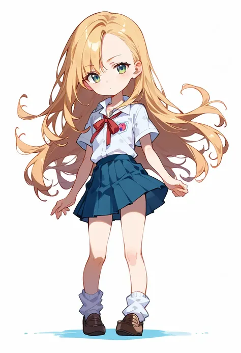 masterpiece, (score_9,score_8_up,score_7_up,score_6_up), 1 girl, green eyes, little sassy, bitch / cockslut / whore, skinny, tsurime, asymmetrical bangs, long hair, (blond hair:1.3), (school uniform), (white collared shirt, plain pattern shirt, short sleev...