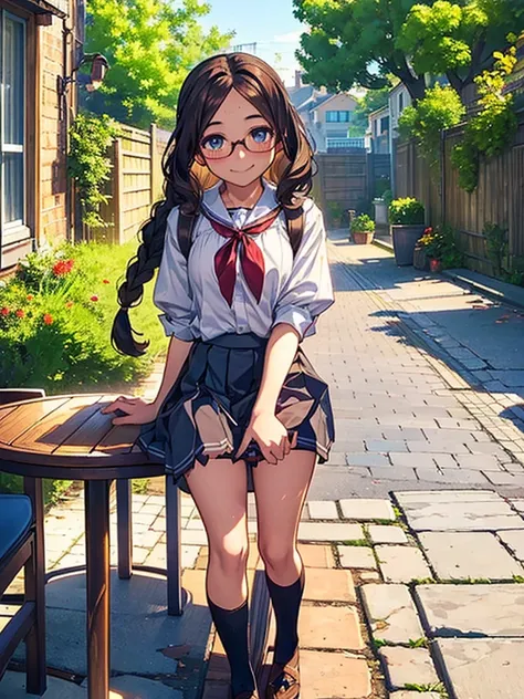 (A work depicting a scene from an anime for adults), ((pubic hair, clitoris, Braiding, Glasses, Pleated skirt, ribbon, Round face, Realistic sized eyes, Droopy eyes, blush, Smile of shame, Thin lips, Spread your legs)), (((Stand up and press your crotch ag...