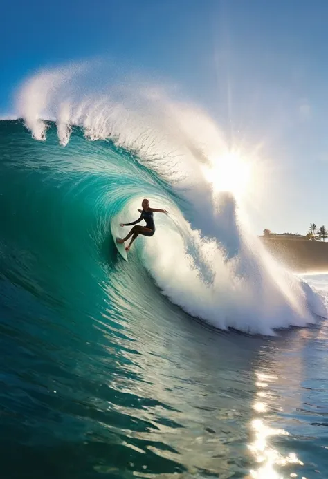 cool female surfers, a breathtaking seascape with massive crashing waves, clear water tubes, sunlight streaming through the wave...