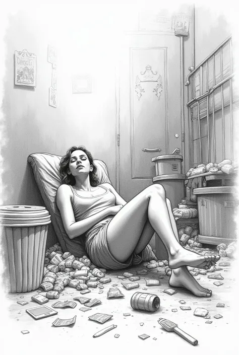 Pencil drawing depicting laziness in a messy place