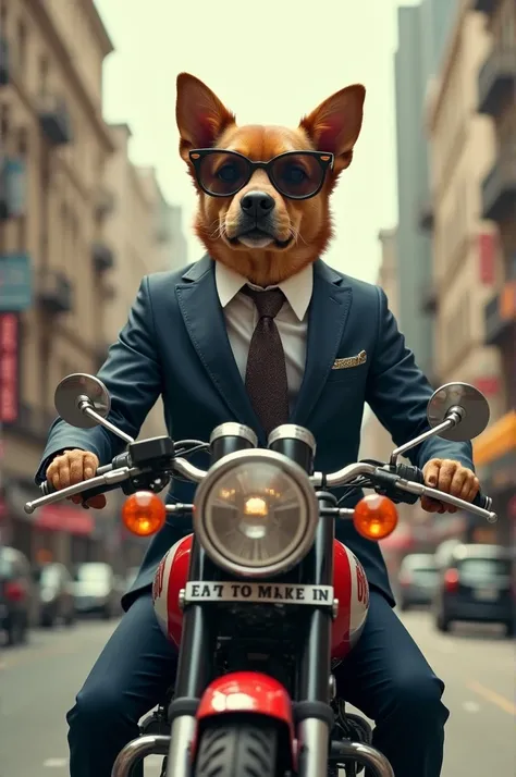 A dog on a royal Enfield bike with suite and cooling glass.