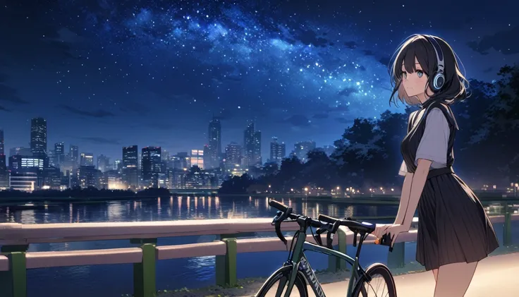 a beautiful young japanese woman with long black hair cycling through a park in tokyo at night, starry night sky, cityscape, listening to music