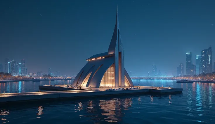 Tiny futuristic mosque on the edge of the lake which is speedboat traffic, there is a port or speedboat terminal around the mosque, a lake fenced with concrete making it easier for boats to pass around the mosque on a night full of stars.