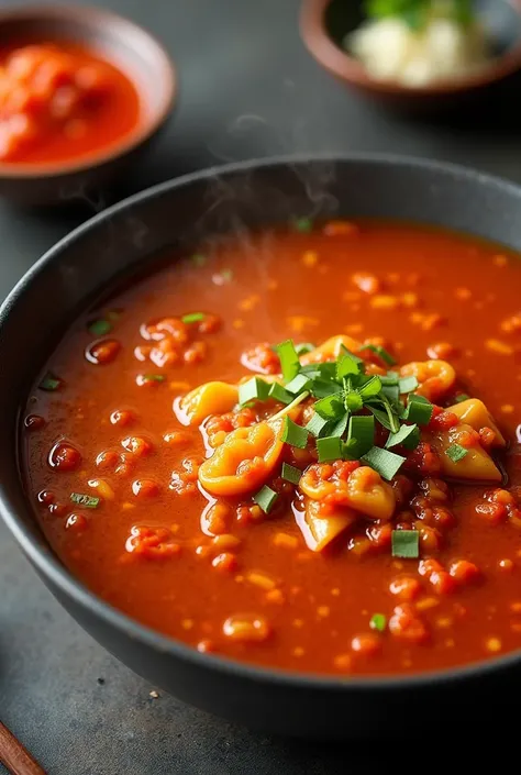 Create a bowl of Sichuan soup base only with lots of water just soup and up view bowl
