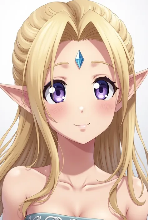 Lucy heartfilia from fairytail with lavender eyes, platinum blonde hair but long, and elf ears with a small crystal diamond shaped gem on her forehead in the middle 