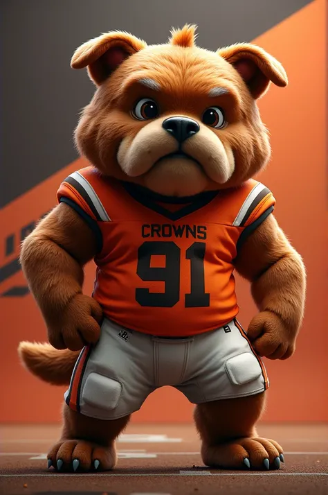 Create a brown dog mascot "pill bul " with the colors of the American football team "cleveland"