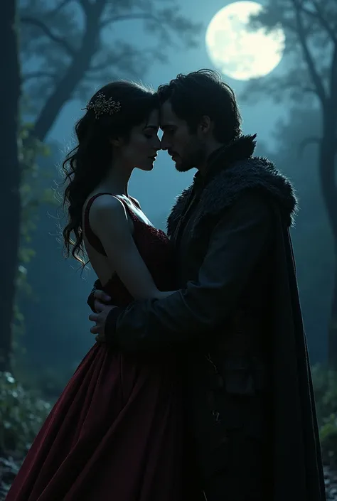 A nighttime couple where a vampire and a human hunter are loving each other. the vampire with an elegant and beautiful outfit, the human hunter with clothes similar to the style of the protagonists of the French film "Pact with wolves).