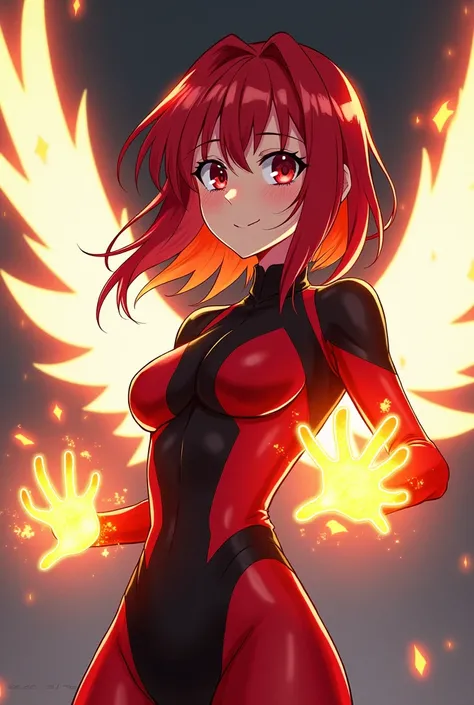 Create an anime style image of a girl with red hair,wine red eyes, with white wings and a red and black Hero suit,He also has the power of fire in his hands