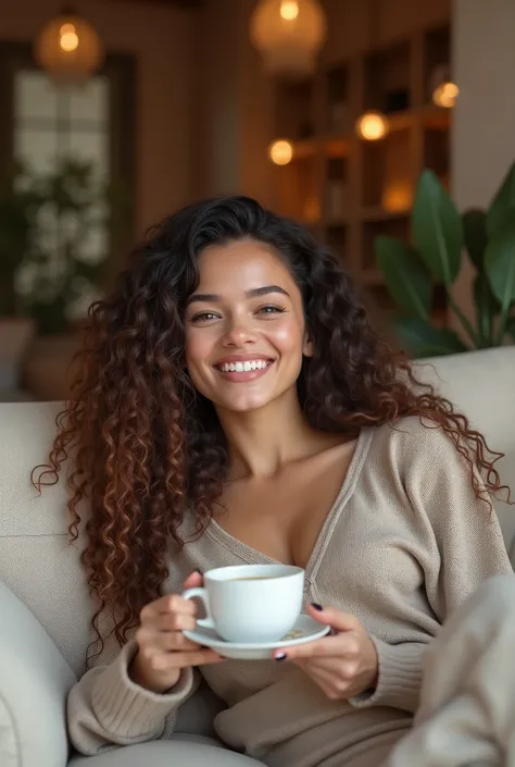 (photorealism:1.2), beautiful woman, long curly hair, smiling, on sofa drinking coffee, relaxed pose, realistic, intricate details, warm colors,