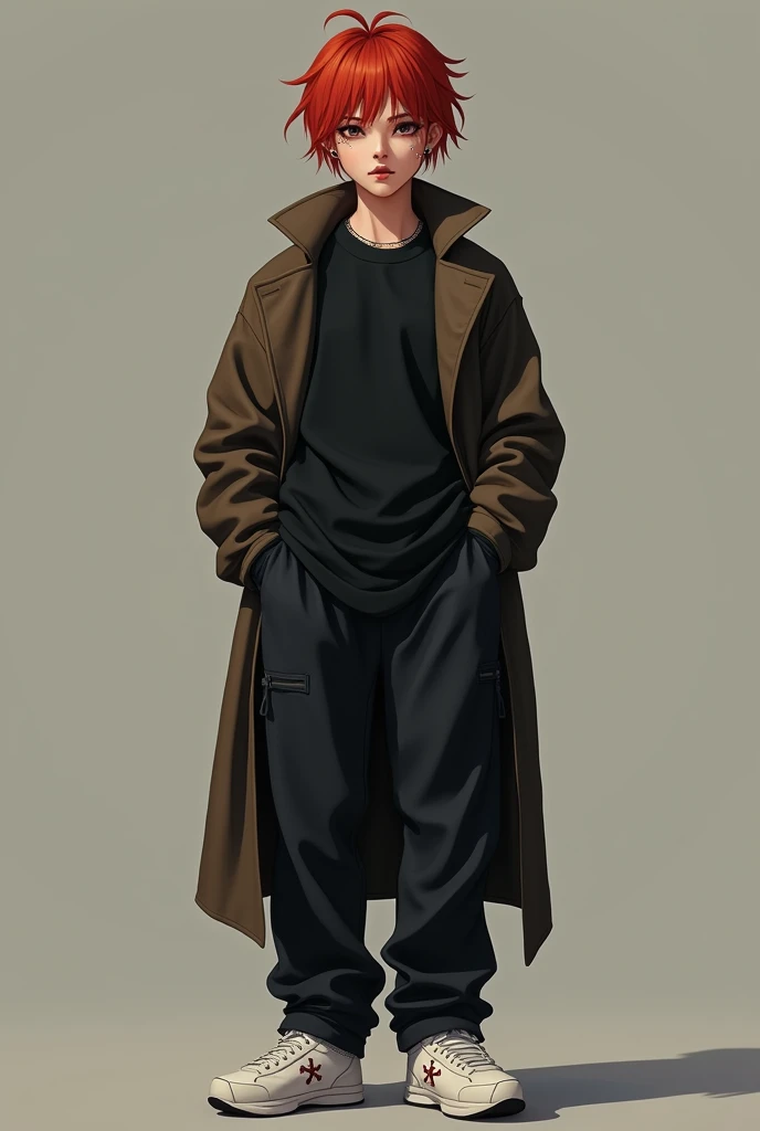 tall teenager, Rubio, with piercings in the eyebrow and lower lip, black long sleeve t-shirt, black somewhat baggy pants, WHITE TENNIS, dark brown trench coat, 