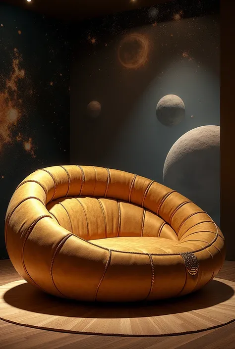 A cosmic bowl shape sofa for single person fornt view golden color with some jewellery 