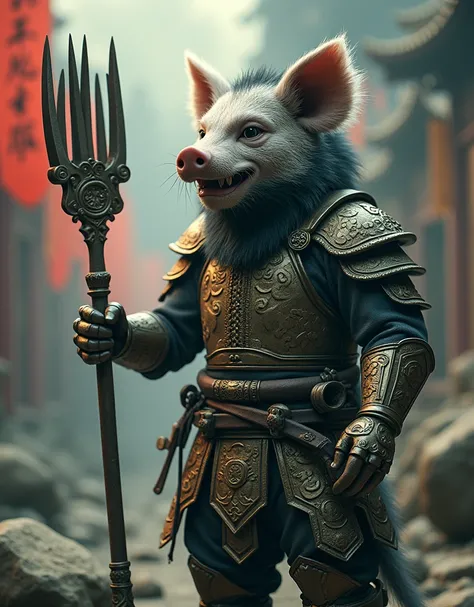 Pigsy，中国神话中的Pigsy，Wearing Lion Skin Armor，Holding a nine-toothed nail rake in his hand，Wearing an ornate bronze helmet。He is tall and straight，Delicate facial features，Perfect details，Movie Effects，Full body portrait，This is an Unreal Engine movie scene.，S...