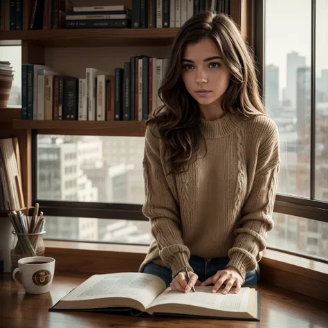 a lo-fi study session, cozy study room, laptop on wooden desk, stack of books, cup of coffee, warm lighting, peaceful atmosphere, girl studying, focused expression, detailed face, wavy brown hair, comfortable sweater, studying notes and textbooks, window w...