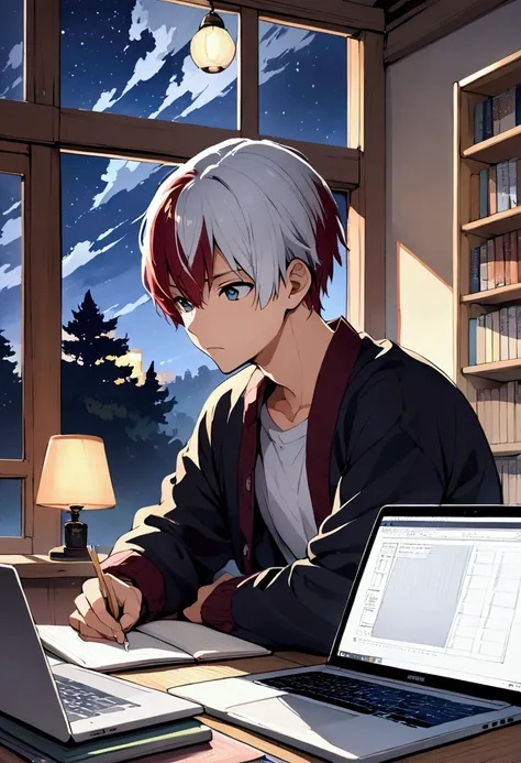 Todoroki Shoto, study, traditional japanese room, laptop, notebooks, Bookshop, nice lamps, big window, starry Night, concentration.