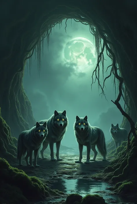 create an image of a cave in a swamp, guarded and protected by wolves where there is a portal to the spiritual world


