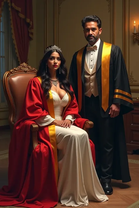  Wearing full body  Academic regalia  wealthy sri lankan average beautiful girl(big breasts and butt) sit in chair and sri lankan wealthy man (software,electrical,garments companies owner)