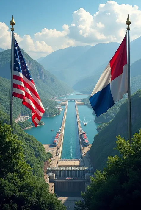 The panama canal with the us flag and the Panamanian flag in the background 