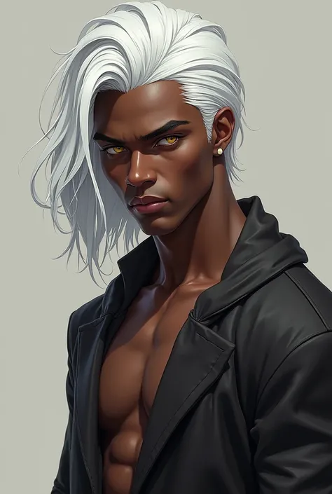 26 year old man with height of 192 cm, athletic body, black skin, Waist-length white hair, yellow eyes who likes to cook
