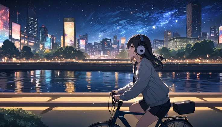 a beautiful young japanese woman with long black hair cycling through a park in tokyo at night, starry night sky, cityscape, listening to music