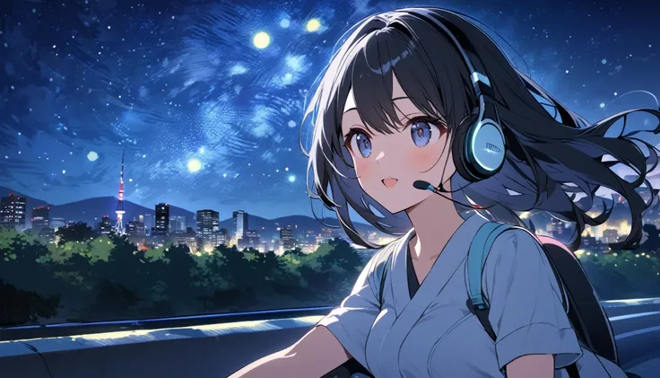 a beautiful young japanese woman with long black hair cycling through a park in tokyo at night, starry night sky, cityscape, listening to music