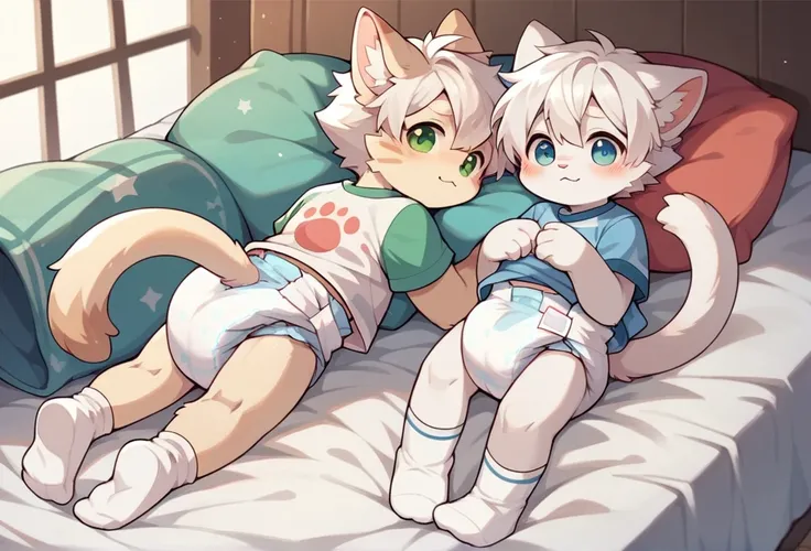 furry，（Two cute cat boys），Hold together，White hair，Wearing cute diapers，Short white socks，White short sleeve，Lying in bed，Wet diaper，protrait photo，HD