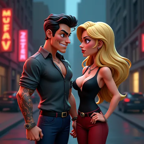 mafia couple (black hair male, blonde hair females), suiteless, 3D cartoon