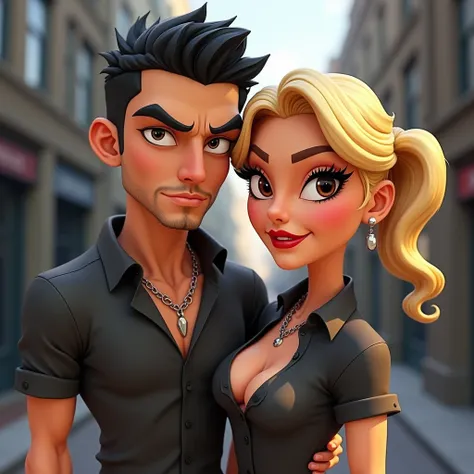 mafia couple (black hair male, blonde hair females), suiteless, shirts, 3D cartoon