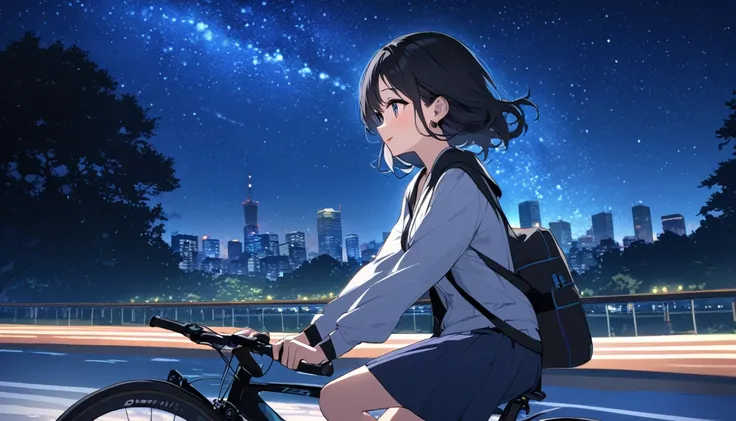 a beautiful young japanese woman with long black hair cycling through a park in tokyo at night, starry night sky, cityscape, listening to music